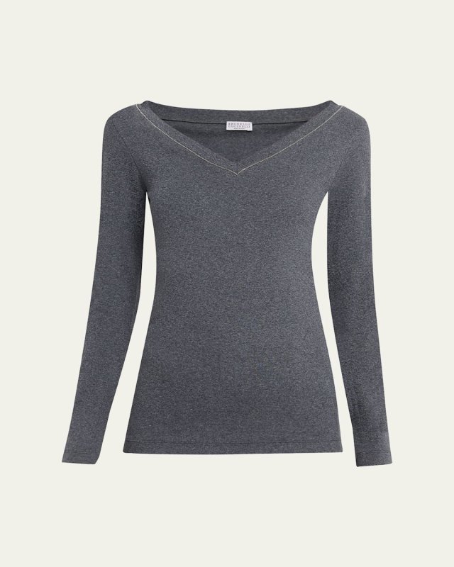 Monili V-Neck Long-Sleeve Cotton Rib Top